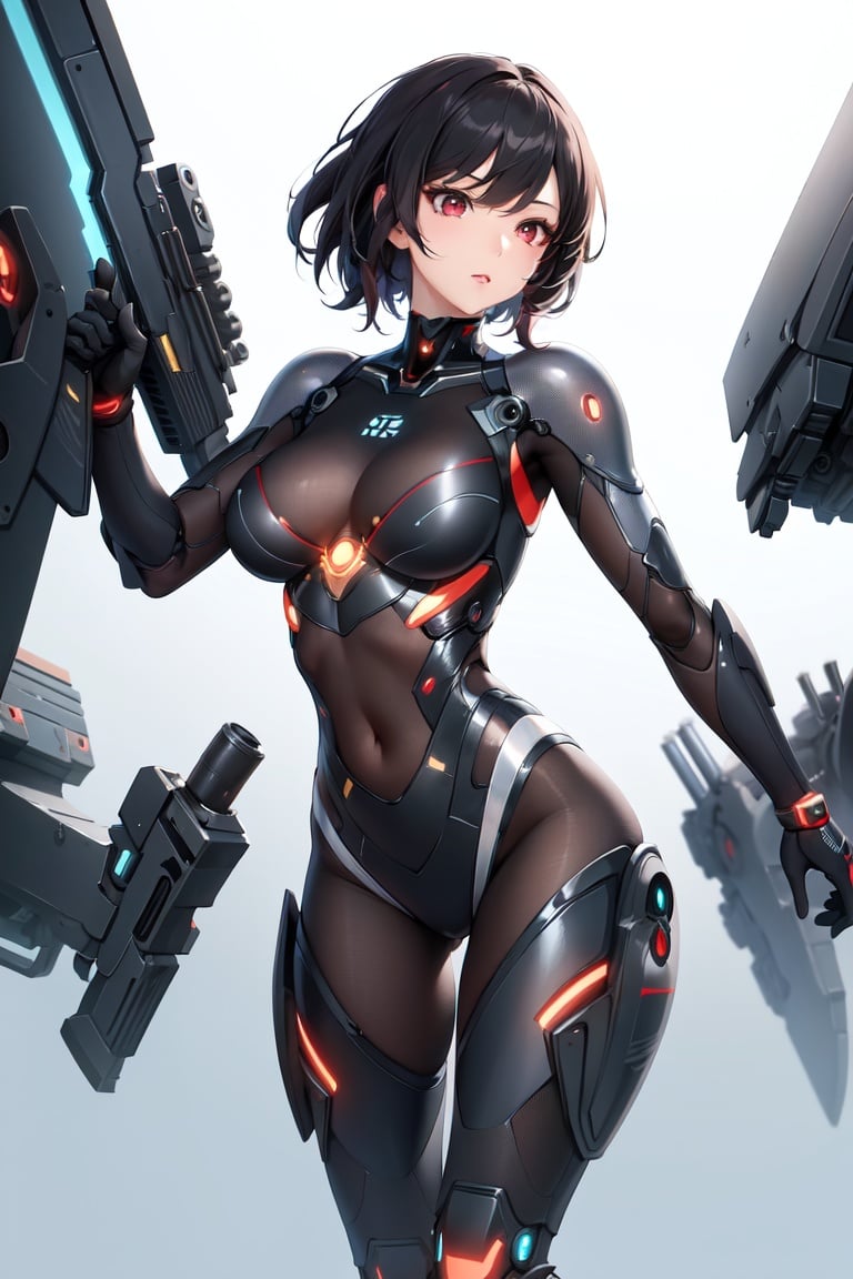 Image of Solo , (beautiful female)++ , mature++ , female focus , full body- , (beautiful body)++ , masterpiece , perfect anatomy , perfect hands , ultra quality , ultra detailed skin , ultra detailed eyes , soft lighting shadow , (shaped eyes)+++ , 4k , 8k , pixiv++ , kawaii- , robot , battle filed , black short hair , red eyes , glove+ ,  (battle suit)++ , (cyber world)+ , (shooting gun)++