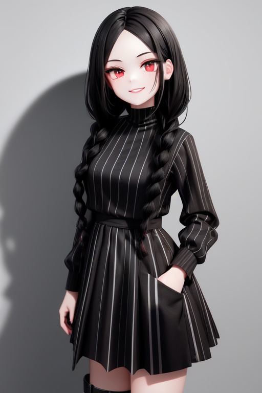 Image of 1girl, long black braids, smirking, dark red lips, black hair, black boots, black and grey stripey dress, long sleeves, holding skull