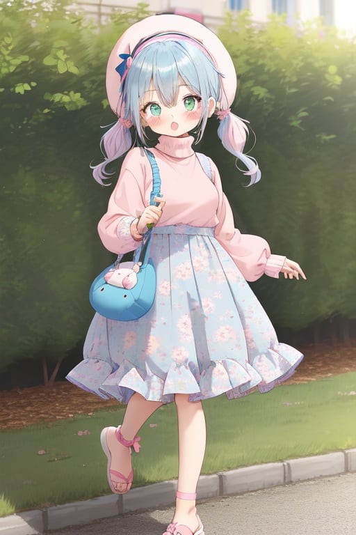 Image of 1girl, blush, blue hairband, blush stickers, pigtails, scrunchie, walking, stuffed bunny, stuffed animals, open mouth, dimples, green eyes, outdoors, turtleneck sweater, long fl skirt, sandals, ankle bracelet, detailed,  jewelry, fancy hat, 