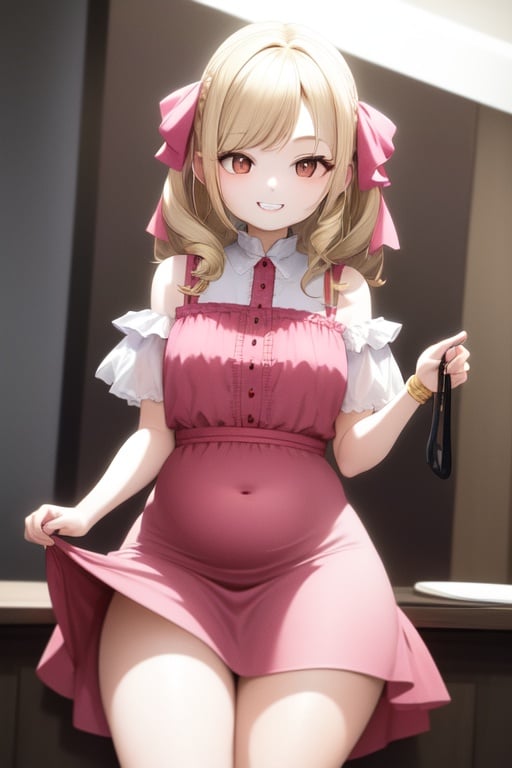 Image of 1girl, medium length hair, blonde, eye bags, pale, brown eyes, teeth, braces, smile, thick thighs, plump, pink dress, girly, lolita fashion