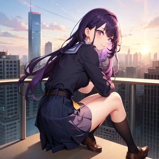 Image of 1 girl, solo, school uniform, high quality, detailed eyes+++, purple eyes,  purple hair, (happy face), (on top of a skyscr background), sitting pose, far view, full body view, watching sunset, from behind,