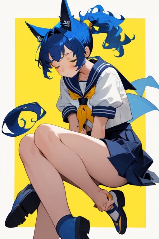 Image of 1girl, solo, arm support, from below, blue hair, yellow eyes, closed eyes, ponytail+++, curly hair, dog ears, sailor, shoes, simple background