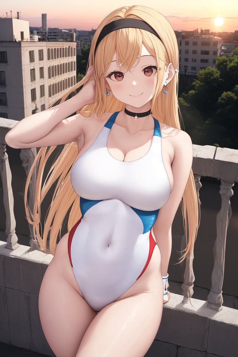 Image of absurdres, sono bisque doll wa koi wo suru, kitagawa marin, long hair, blonde hair, brown eyes, large breasts, cleavage, one-piece swimsuit, highleg swimsuit, white swimsuit++, fingerless gloves, sneakers, earrings, choker, white headband++, outdoors, sunrise+, balcony, looking at viewer, dutch angle, crossed arms, breast focus, smile, masterpiece+++