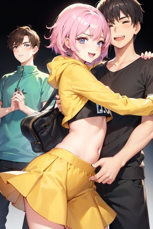 Image of (1 girl)+++, (1 boy)+++, (cheerful smiley girl)++ with a croptop and a skirt (hugging)++ an (annoyed boy)++ with a hoody and baggy pants