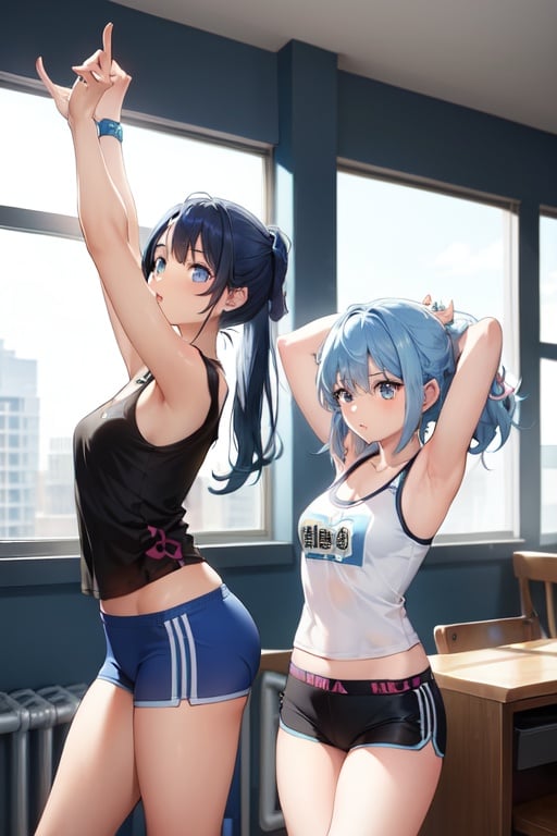 Image of 2girls, stretching, blue hair, blue eyes, t-shirt--, casual, high heels, armband, frills, indoors
