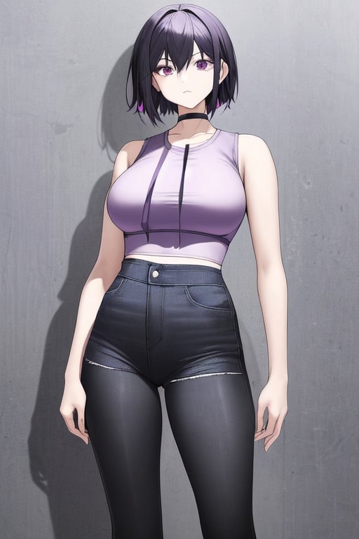 Image of women Short black hair to shoulder length Purple eyes He wears a gray sleeveless shirt, navy blue denim shorts and has black leggings on with a pink ribbon on the right leg and white and red tennis shoes and is wearing a purple sweatshirt Human big thighs and breasts