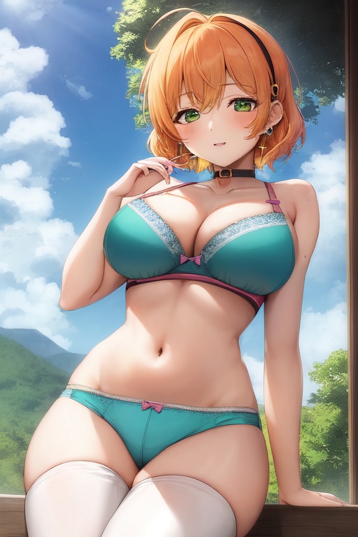 Image of 1girl, pixie cut hair, orange hair, cross earrings, bursting breasts, holding baby, blue bra, bangs, bare shoulders, cleavage, large tail, large thighs, thighhighs, green hairband, scenery, navel, green pantyhose, eyes closed,  earrings, bow