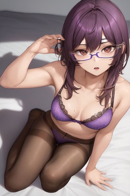 Image of 1girl, short brown hair, brown eyes, purple glasses, large breasts, open mouth, small pimples, white bra, blue pantyhose, barefoot, laying down