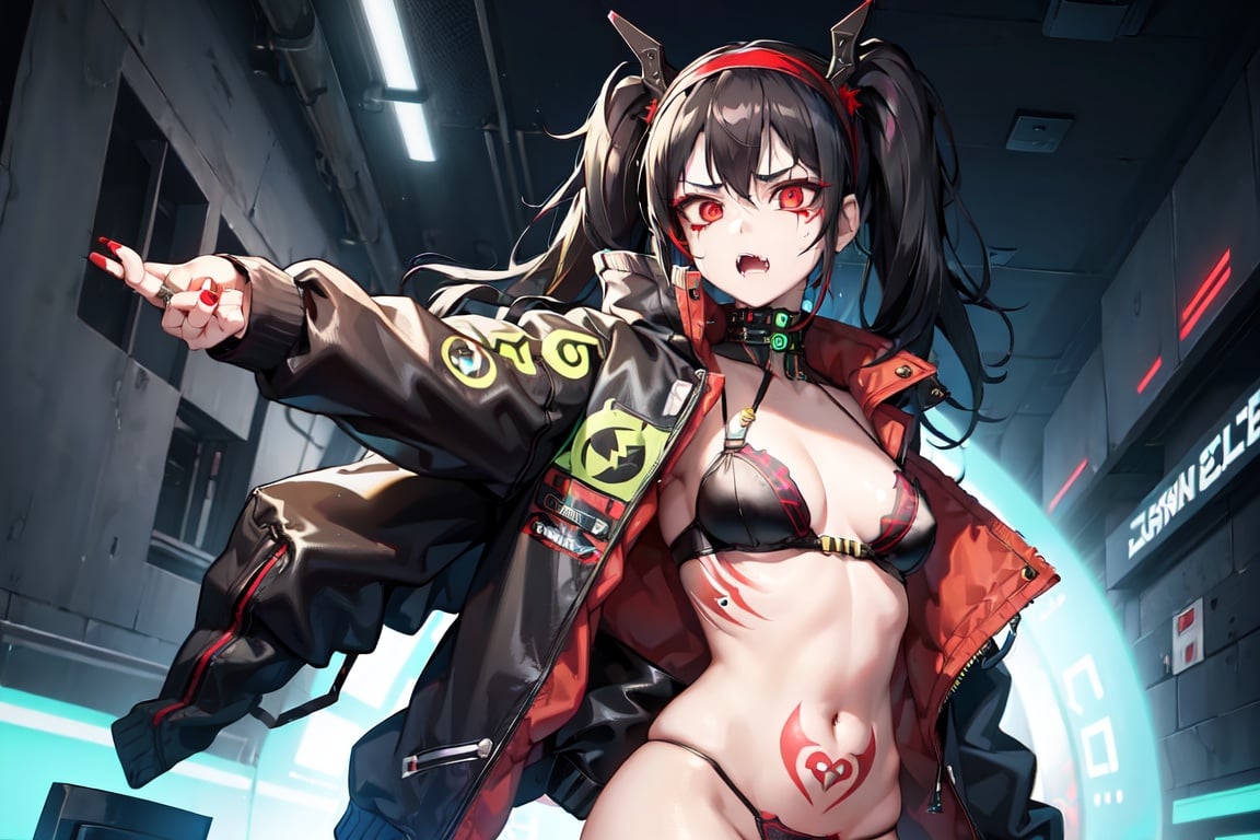 Image of 1girl, rebecca \(cyberpunk\), solo, twintails, black hairband mechanical eye, colored sclera, red sclera, colored skin, white skin, leg tattoo, neck tattoo, green hair, small breasts, black bra, thong, red pupils, skin fang, red eyes, black jacket