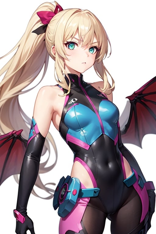 Image of 1girl, solo, serious, pink leotard-armor, blonde hair, long hair, ponytail, aqua eyes, detached sleeves, gloves, purple dragon