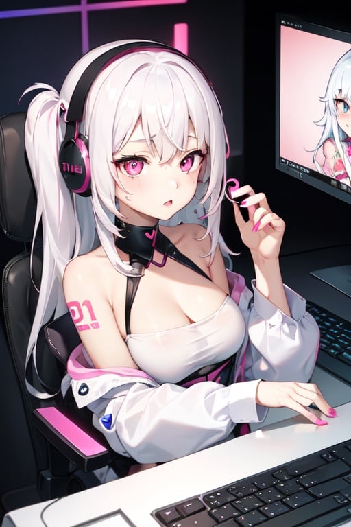 Image of Yandere, girl, cute, gaming, pink pastel, tattoo, chair pc, heart-shaped pupils, white hair+, glow, girl by her computer, hands on headphones