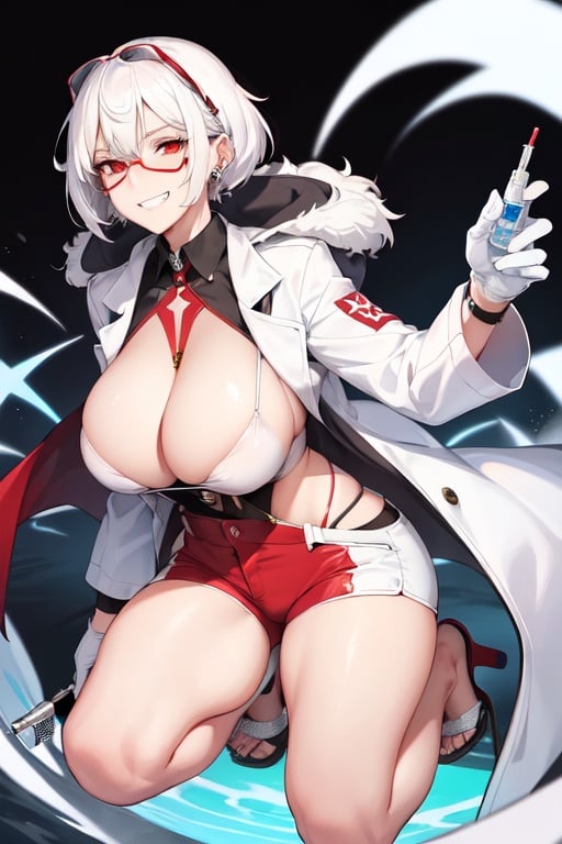 Image of 1girl, white hair, sungles, white lab labcoat, holding syringe, evil grin, red eyes, enormous breasts, white shorts, sandals, mole on cheek, pierced ears