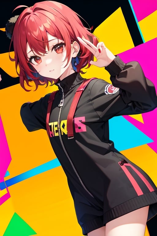 Image of bright contrast colors, (abstraction)+, UwU, girl, red, black, two-colored hair, stylish pose