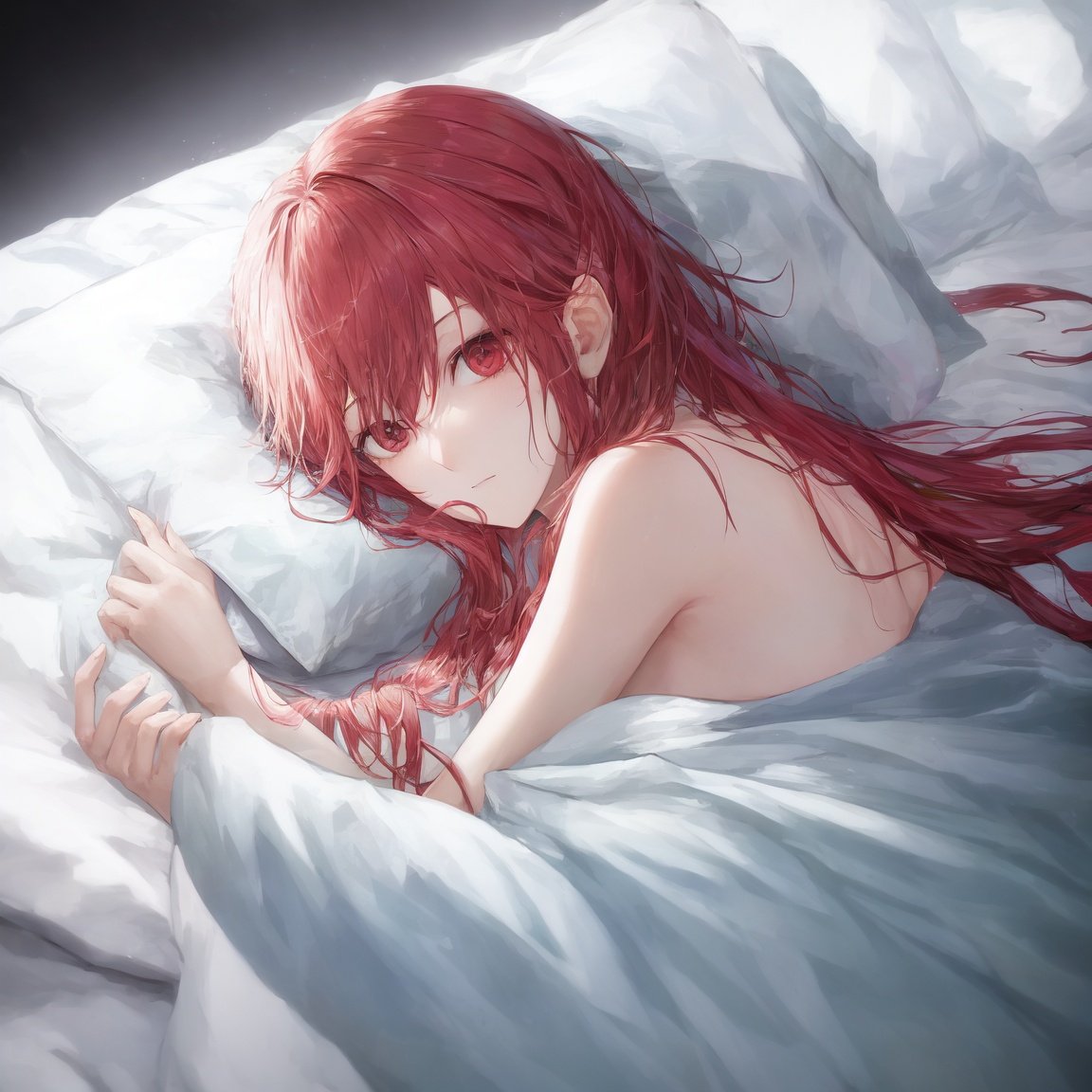 Image of (masterpiece:1.4), (high-quality, high-definition, high-resolution), Realistic style, (primary warm vivid color palette),a beautiful woman with cold, cooling sheet on forehead, wears warm pajamas, huddled under quilt in bed in private room, cold symptoms, pained expression, (richly drawn and delicate)