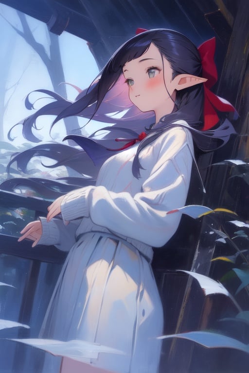 Image of 1girl, solo, traditional media, oil painting, from below, happy, hair bow, hair ribbon, pointy ears, sweater, nature