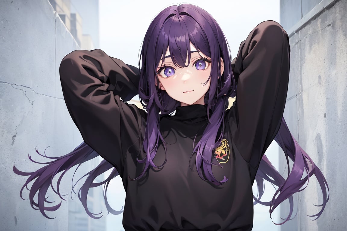 Image of 1 girl, solo, black sweater long sleeves, baggy black trousers, high quality, detailed eyes+++, purple eyes,  purple hair, (happy face), (concrete background), arms behind head,