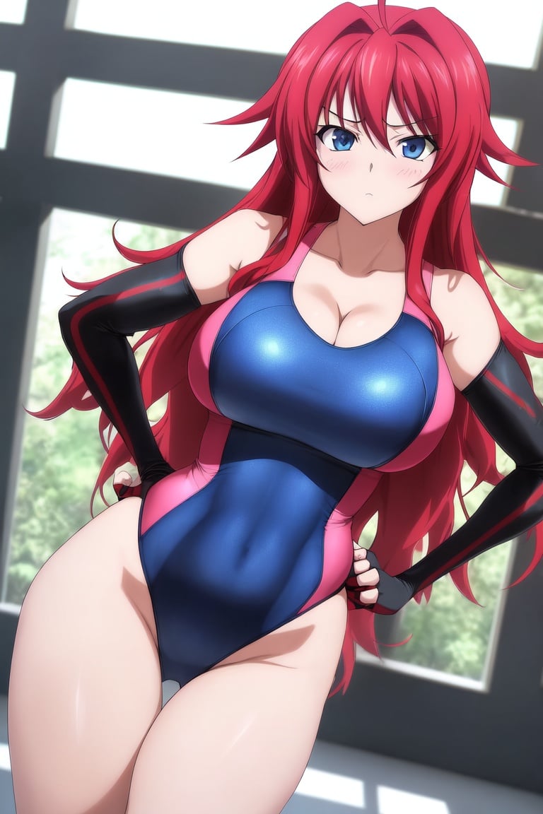 Image of absurdres, high school dxd, rias gremory, long hair, red hair, blue eyes, ahoge, large breasts, cleavage, one-piece swimsuit, pink swimsuit++, highleg swimsuit, fingerless gloves, sneakers, indoors, gym, facing viewer, looking at viewer, dutch angle, unamused, hands on hips, hip focus, masterpiece+++
