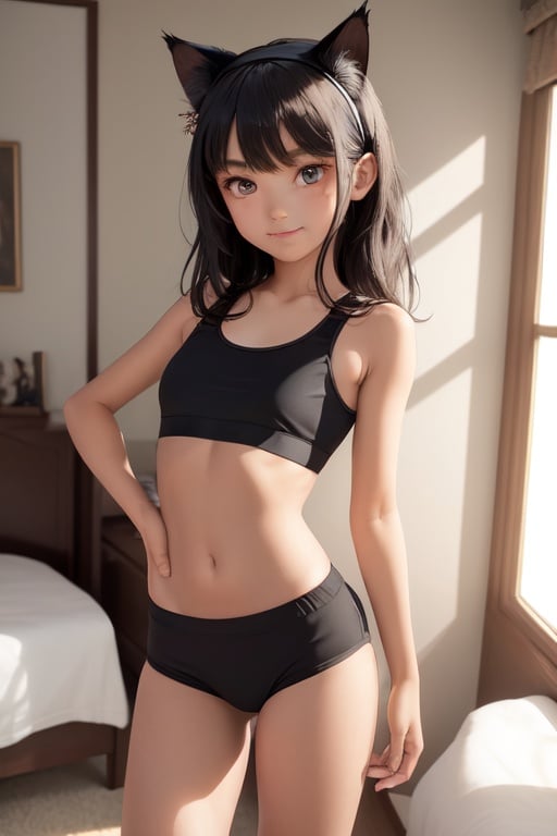 Image of masterpiece++, best quality++, ultra-detailed+, in the room, Western style room, on the bed, a little girl, child, solo, sports bra, beautiful black hair, beautiful brown eyes, beautiful eyes++, cat ears, flat breast, tiny breast, slim, slender, hair ornaments, horseshoe-shaped hairband, light smile, ashamed