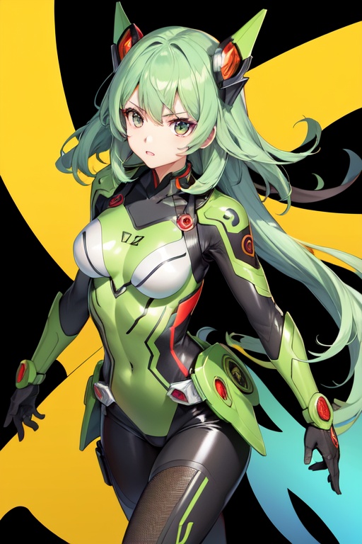 Image of KAMENRIDER AMAZON GIRL, costume design is inspired by chameleon , green based battle suits ,red point color