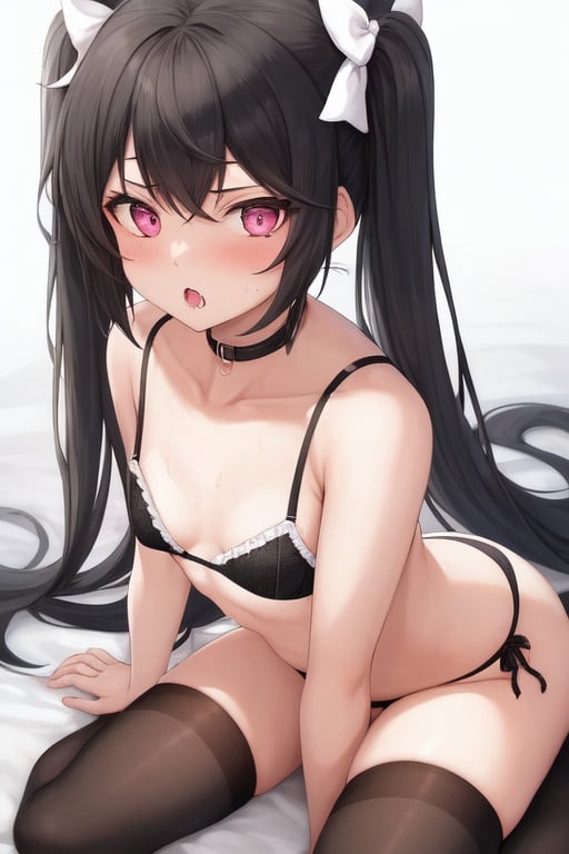 Image of 1girl,enormus breasts, thighhighs,  straight black hair ,  cleavage, pink eyes,  open mouth, small bra, no shirt, navel, white bow,  no pants, saliva trail