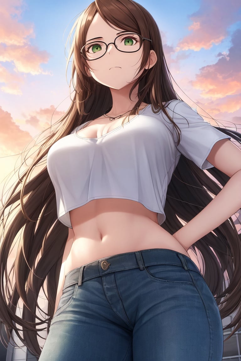 Image of absurdres, 1girl, long hair, brown hair, green eyes, large breasts, cleavage, crop top, white shirt++, jeans, sneakers, glasses, outdoors, sunrise+, rooftop, looking at viewer, from below, hands on hips, frown, cloudy sky, masterpiece+++