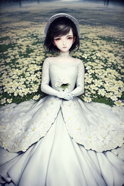 Image of traditional media, impress+++,  pixie cut flowers++, pale, (ultra-detailed dress)++, beautiful, cinematic shot, lies in flowers, arms crossed, wealth++, (atmosphere of sorrow)++, closed eyes, heaven, lacy black gloves, fancy hat, 