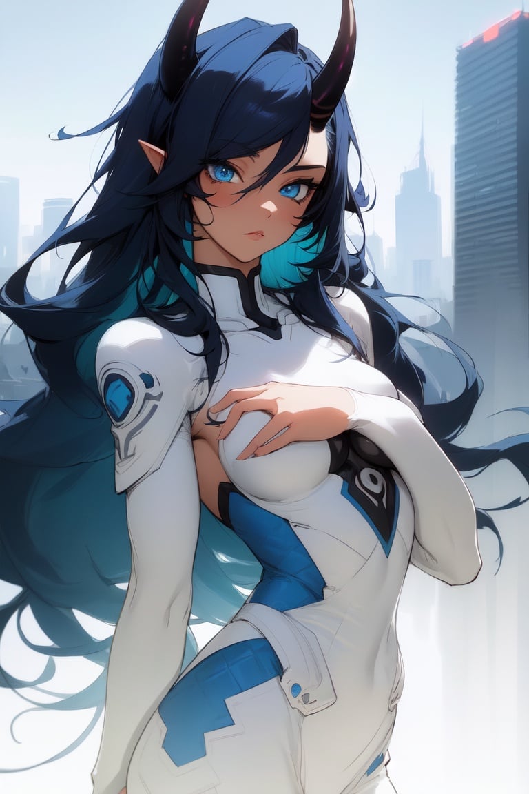 Image of Kira is a striking beauty. With blue cute little horns, black long hair fading into blue++, and captivating blue eyes, little breast++, white hero suite++, city in the background, gorgeous++, detailed++, one-piece dress, highly detailed++