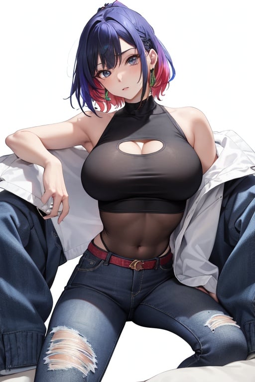 Image of abstraction, magic, elemental, rainbow tones, kaboo multicolored hair++,  ponytail, short hair, blue eyes, big boobs, navel, crop top, jeans, thick thighs, original, thin waist ,showing armpits