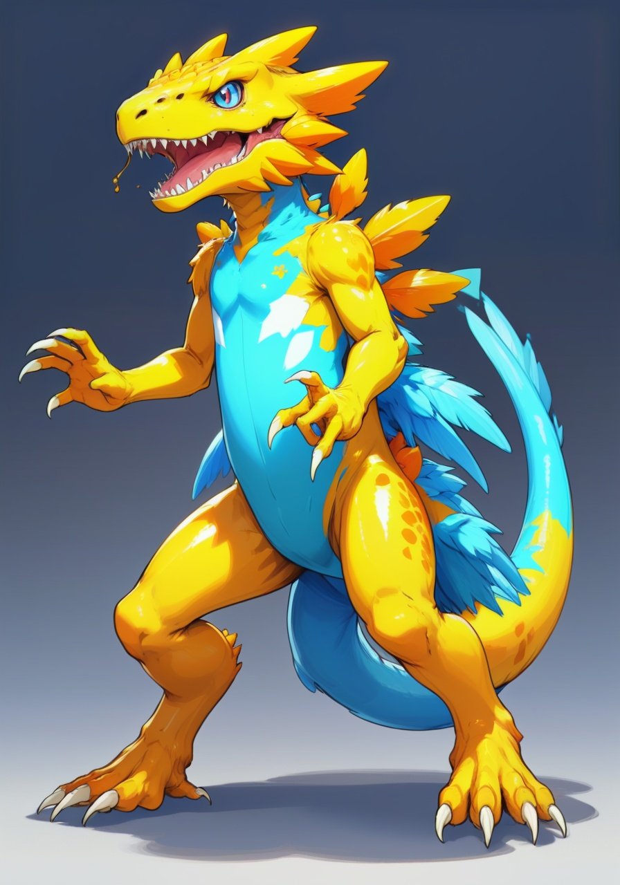 Image of Agumon-X-Antibody with yellow-orange pale-yellow pale-blue palette in gatcha art style