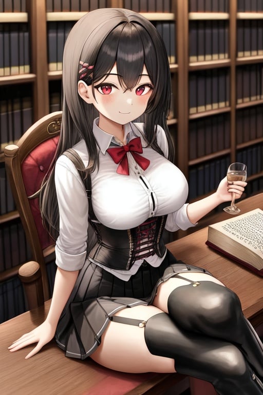 Image of corset, black pleated skirt, black medium hair, medium breasts, 1girl, smiling, boots, library, sitting at table, garter straps, holding book