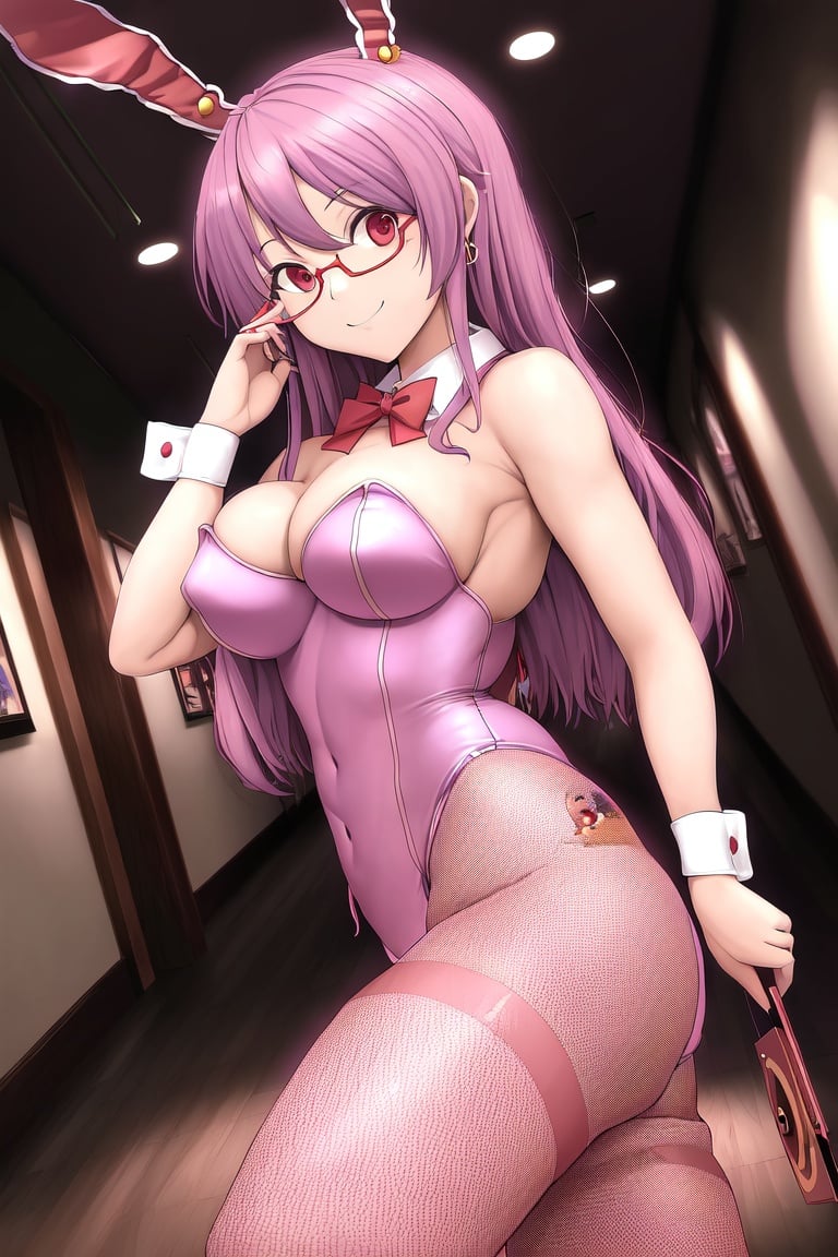 Image of absurdres, touhou, reisen udongein inaba, long hair, pink hair, red eyes, large breasts, cleavage, playboy bunny, light pink leotard++, brown legwear++, fishnet pantyhose, gles, high heels, earrings, indoors, hallway, looking at viewer, dutch angle, smile, masterpiece+++