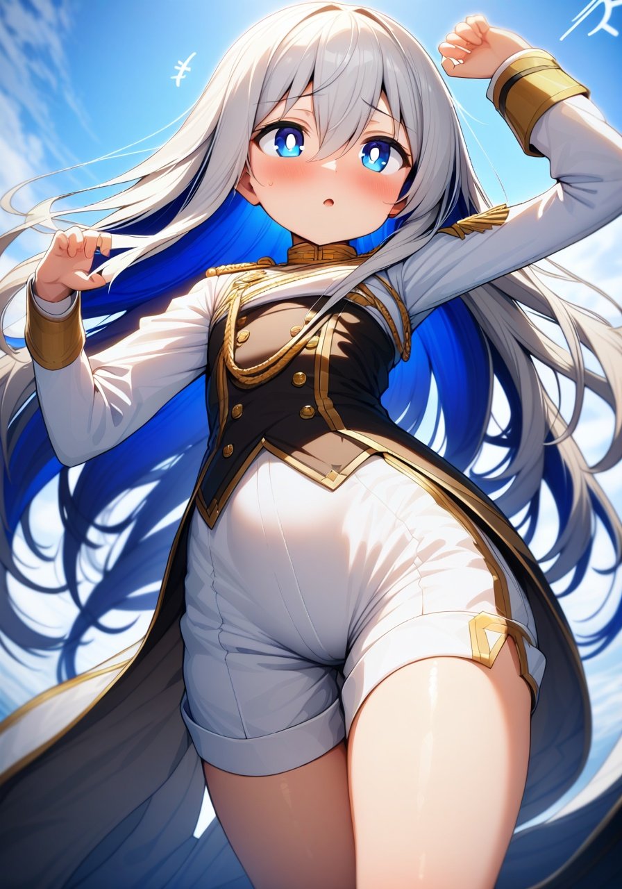 Image of (masterpiece), best quality, expressive eyes, perfect face,Silver hair, blue sapphire eyes,bright pupils,vary long smooth hair, 12 year old, +++loli, slim bodies, dynamic lighting, shiny hair, perfect skin, blue sky colored inner hair, hair between eyes, 

white long sleeve, black corset, bodice, white short pant, short pants, 

gold aiguillette,coattails,gold trim, 

Hibiki_kancolle