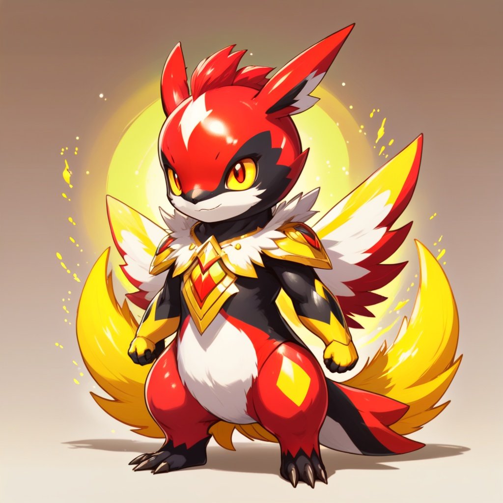 Image of Aquilamon with vivid-red white brown yellow and black palette in gatcha art style