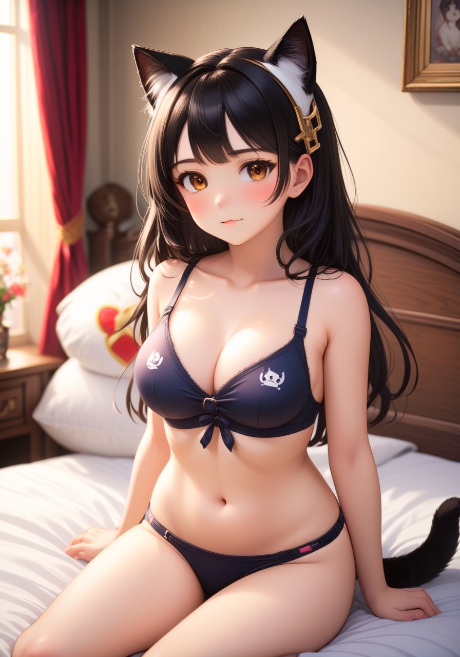 Image of masterpiece++, best quality++, ultra-detailed+, in the room, Western style room, on the bed, a little girl, , solo, sports bra, beautiful black hair, beautiful brown eyes, beautiful eyes++, cat ears, flat breast, tiny breast, slim, slender, hair ornaments, horseshoe-shaped hairband, light smile, ashamed