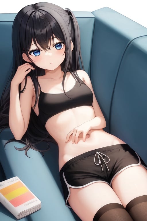 Image of 1girl, laying on couch, eyes closed, drooling, black shorts, short crop top, spegg, navel, blue eyes,  thighhighs, original, indoors,  eyebrows visible through hair, barefoot, long black hair, 