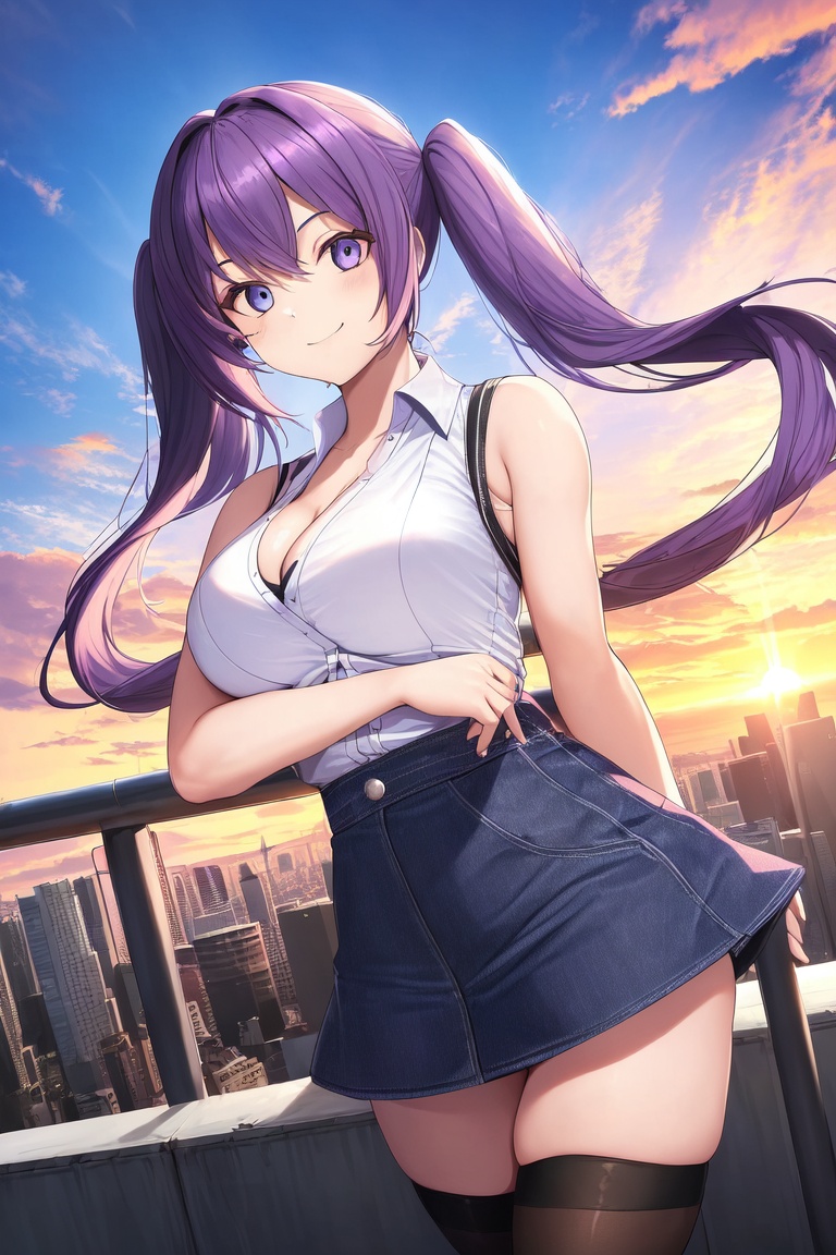 Image of absurdres, 1girl, medium hair, twintails, purple hair, blue eyes, large breasts, cleavage, sleeveless shirt, white shirt++, denim skirt, thighhighs, sneakers, wristband, outdoors, sunset+, balcony, cityscape, looking at viewer, dutch angle, smile, crossed arms, masterpiece+++