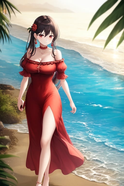 Image of 1girl, crown, long red dress, short sleeves, sun background, walking on sand, gold earrings, fair skin, bursting breasts. tick thighs, barefoot