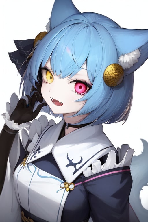 Image of 1girl, solo, Kitsune, pale cyan skin, white eyes, bob cut hair, blue hair, symbols in eye iris, big fangs, chromic eyes, eyes visible through hair, open mouth, happy, 