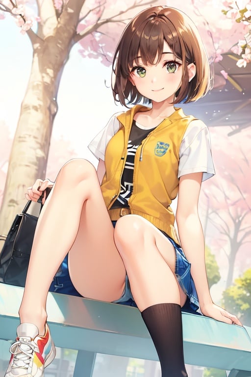 Image of a girl with short brown hair and a small short jacket sitting on park bench, 1girl, bob cut, solo, sitting, green eyes, denim skirt, looking at viewer, light blue jacket, white shirt, socks, low socks, sneakers, blurry background, trees, smile