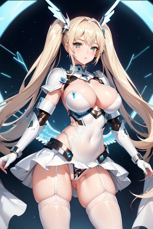 Image of masterpiece++, shiny skin+,   best quality++, (ultra-detailed)++, thighhighs, rim lighting, (cyber valkyrie armor)++, white latex, 1girl, solo, cute++, leotard, armor, blonde hair, twintails, very long hair, expressive green eyes, poverful, dinamic pose, extremely detailed+, cute+, lovely++, full body, moon, wings, jewelry++, white stockings, white clothes, (slutty vibes)++, y++, big boobs, (electric angel)++, (fat )++