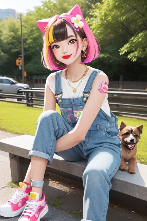 Image of 1girl, decora art style, dog ears, gold necklace, stickers on face, stud earrings, black nails, brown eyes, red lips, happy smile, sitting on bench, colorful sneakers, colorful overalls, arm tattoo, beautiful scenery, bob cut, flowers in hair, multicolored hair, 