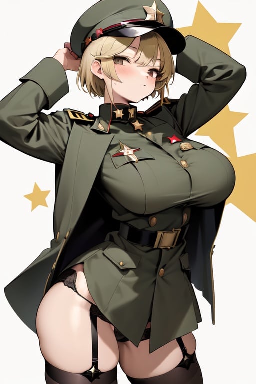 Image of 
oversized military uniform. It's adorned with 4-point stars, has a matching hat and boots, and all but exposes her nether region, covered only in garters and a thong Derringer Green and Brown
short hair Ash blonde hair black eyes, Double-Barrel Derringer, chibi 
