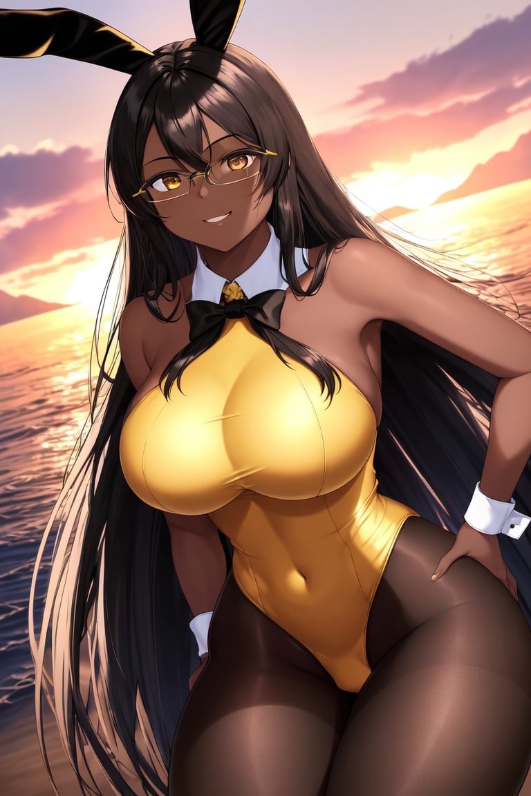 Image of absurdres, 1girl, dark-skinned female, long hair, black hair, brown eyes, gles, large breasts, cleavage, playboy bunny, yellow leotard++, black legwear++, pantyhose, outdoors, sunset+, looking at viewer, facing viewer, dutch angle, smile, breast focus, hands on hips, masterpiece+++