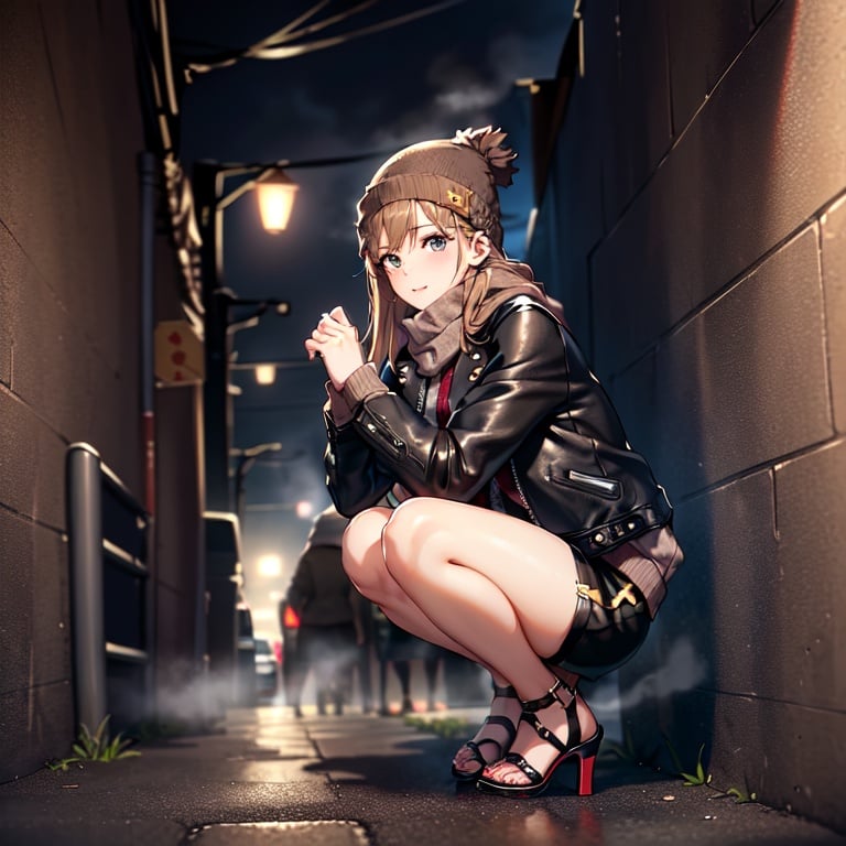 Image of 1girl, solo, teen, age 16-18, (brown high heel sandals)+++, (leather shorts)+++, belt+, (black sweater)+++, (tucked in)+, (leather jacket)+++, scarf++, beanie++, crouching+++, (in dark alley)++, foggy++, cloudy++, full body visible