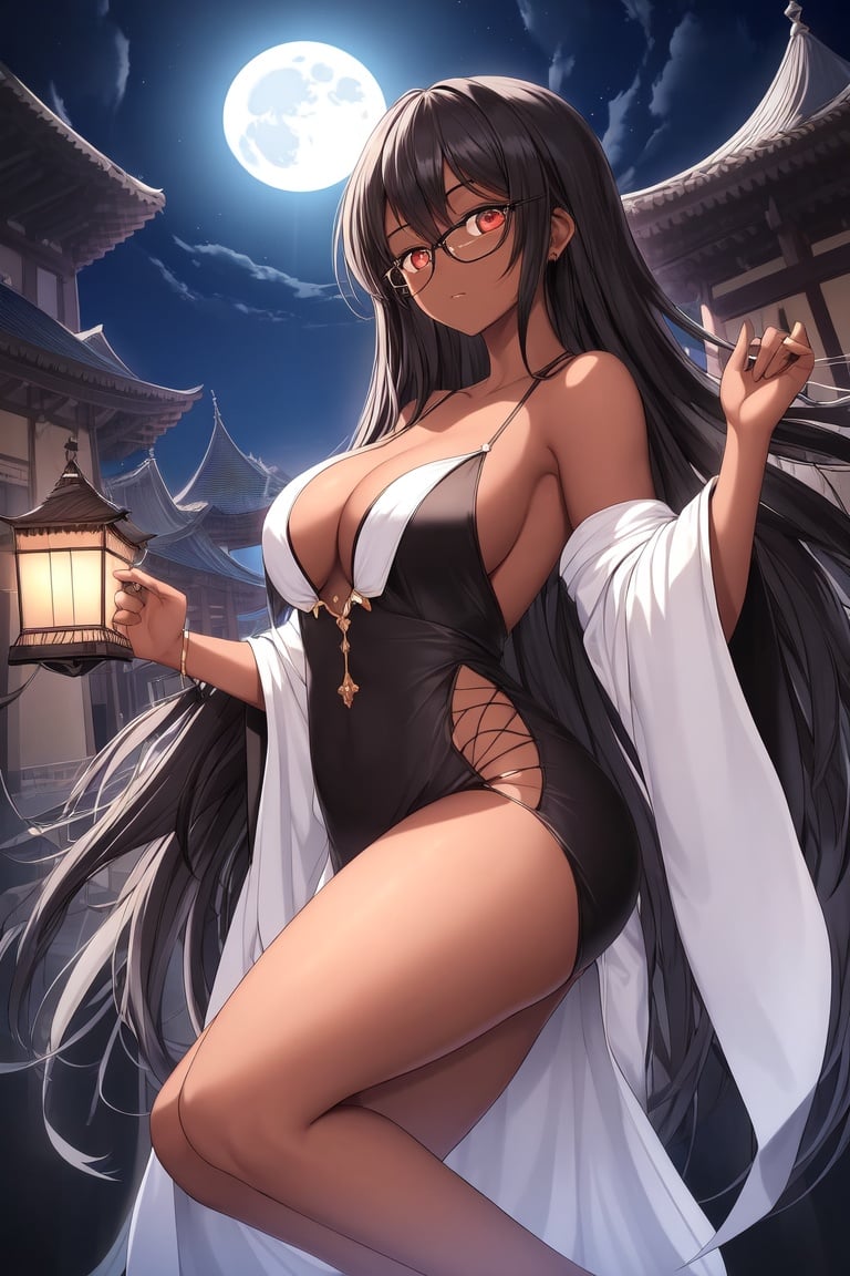 Image of absurdres, 1girl, dark-skinned female, black hair, long hair, brown eyes, glasses, large breasts, cleavage, robe, white robe++, barefoot, outdoors, night+, moon, looking at viewer, facing viewer, dutch angle, happy, temple, masterpiece+++