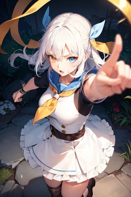 Image of 1girl, solo, soft lighting, fighting stance, (from above)++, white hair, chromia, blue eyes, amber eyes, (hair ribbon)++, drill hair, skirt, watch, neckerchief++, garden