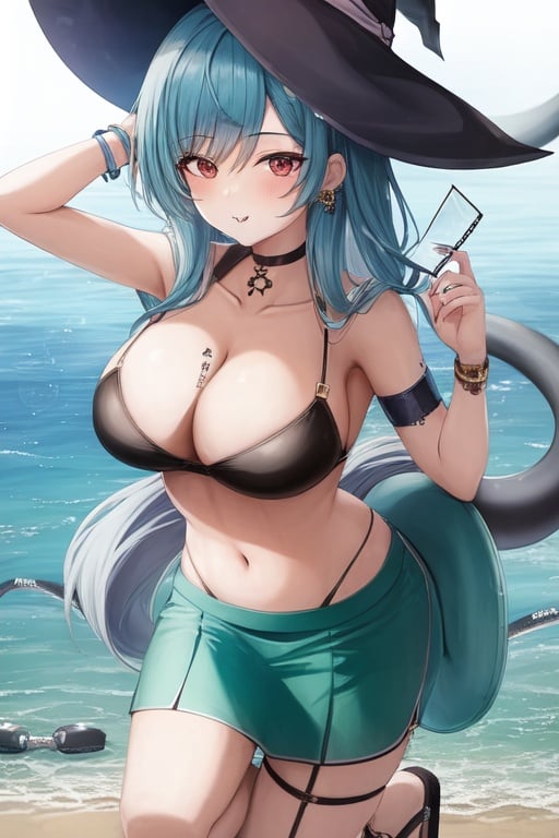 Image of 1girl, solo, all fours, aqua hair, snake eyes, pout, wavy hair, long skirt, shorts, armband, tattoos, park, ribbon, witch hat, snake around neck, sandals, contact gles
