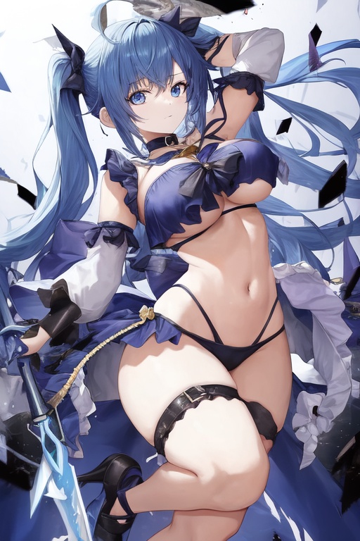 Image of A magical girl with large breasts and blue hair in clothing heavily ripped and torn