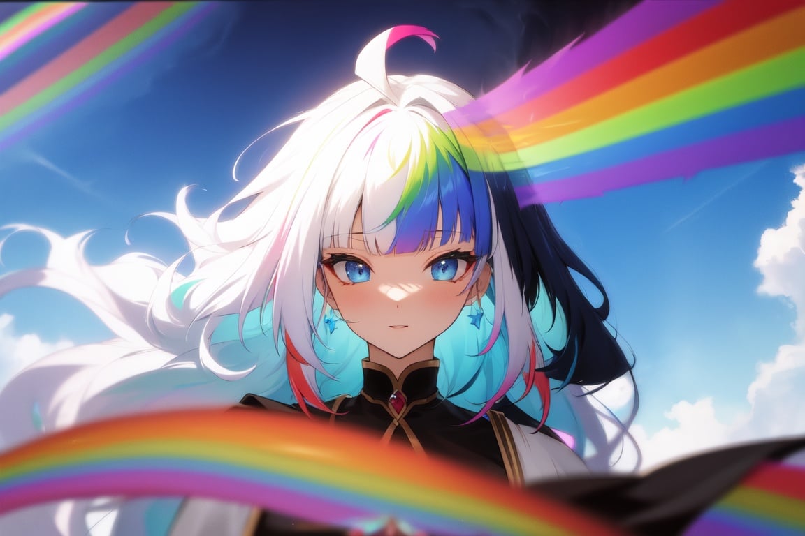 Image of abstraction, magic, elemental, rainbow tones, kaboo multicolored hair++, white hair, Blue eyes, blunt bangs, sky