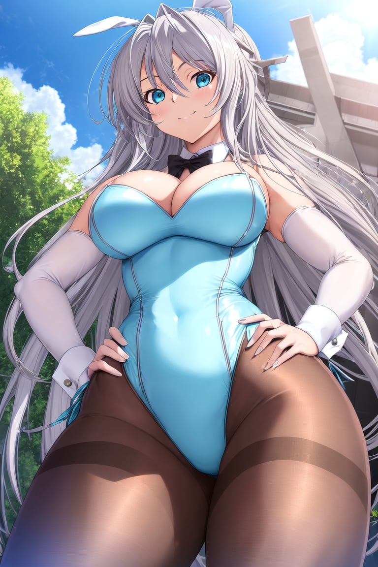 Image of absurdres, high school dxd, rossweisse, long hair, silver hair, aqua eyes, huge breasts, cleavage, playboy bunny, light blue leotard++, pantyhose, brown legwear++, outdoors, sunrise+, rooftop, looking at viewer, from below, smile, hand on hip, hip focus, masterpiece+++